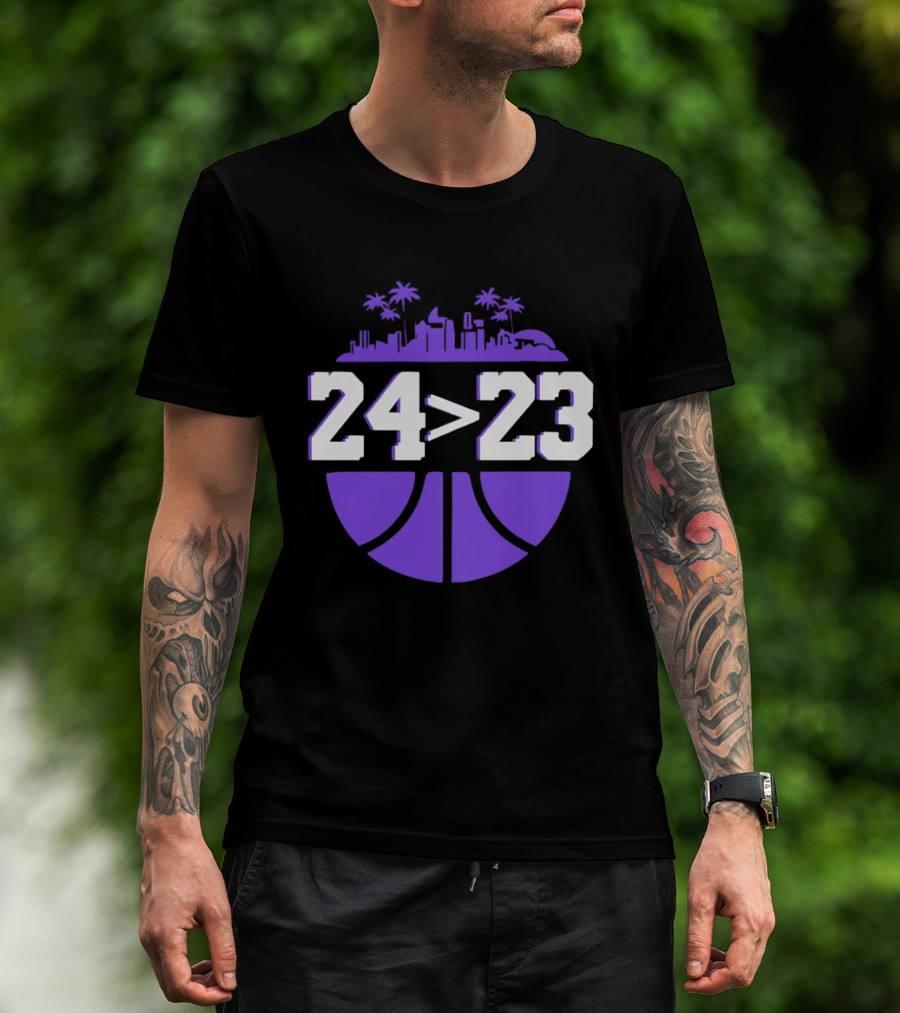 24 Is Greater Than 23 Basketball Los Angeles Skyline T-Shirt