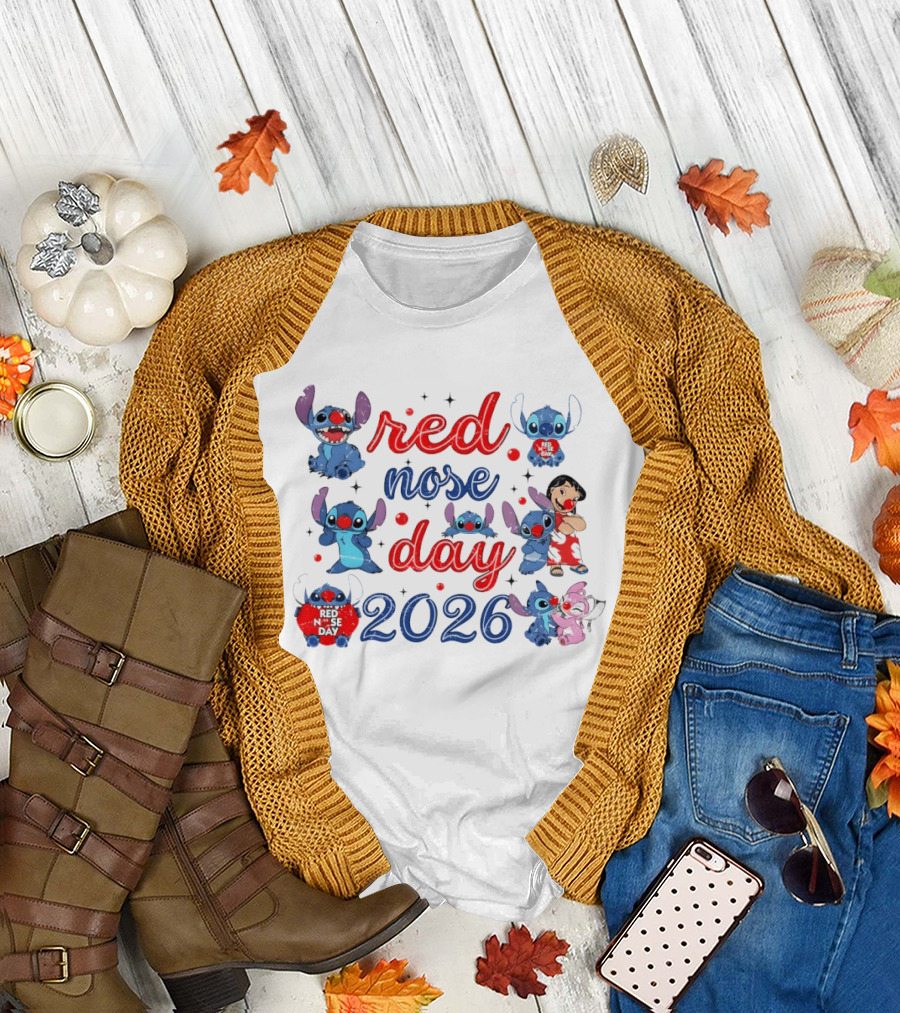 Stitch Red Nose Day 2026 Cartoon Characters Featuring Lilo T-Shirt