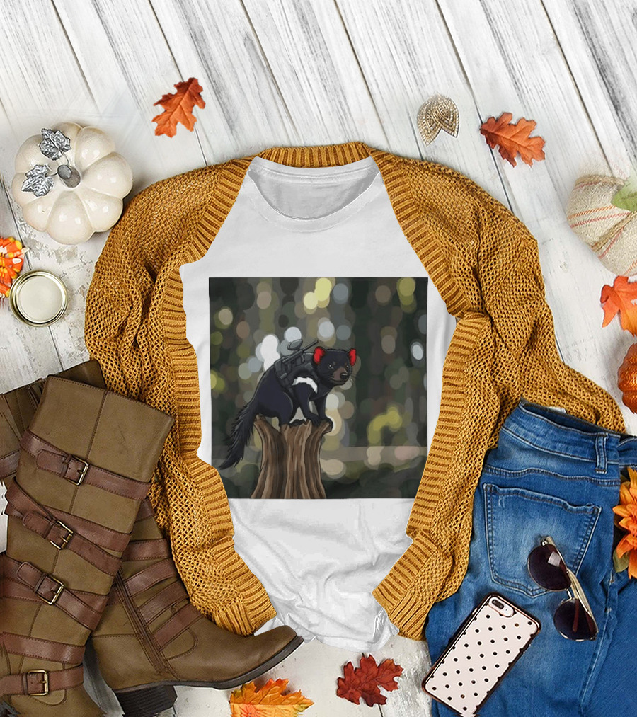 Tasmanian Devil with Machine Gun Cartoon on Tree Stump T-Shirt