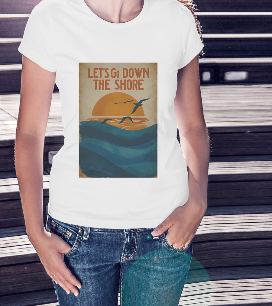 Let's Go Down The Shore Seaside Sunset Ocean Waves And Seagulls T-Shirt