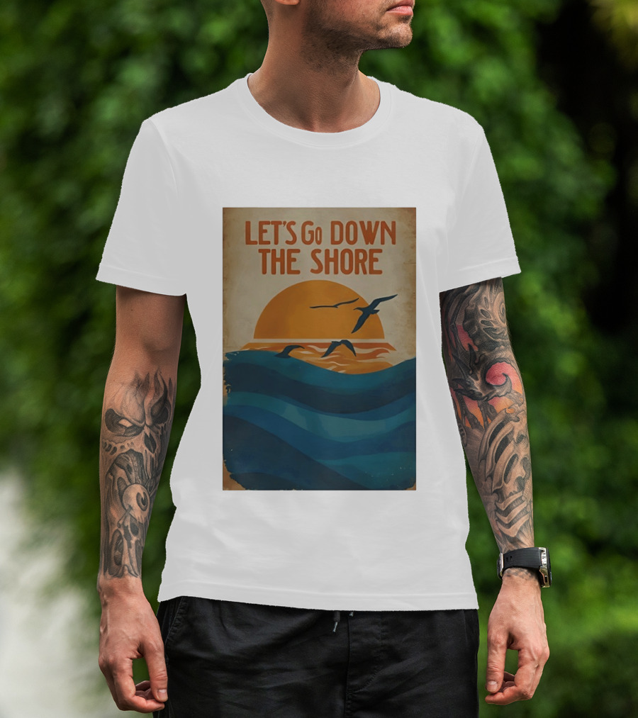Let's Go Down The Shore Seaside Sunset Ocean Waves And Seagulls T-Shirt