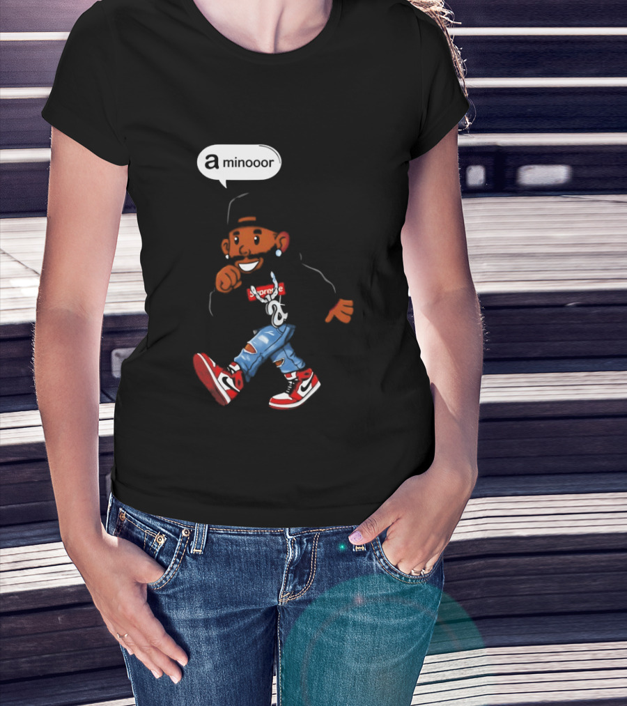 Kendrick Lamar Streetwear Cartoon Miniooor Red Sneakers Blue Jeans T-Shirt