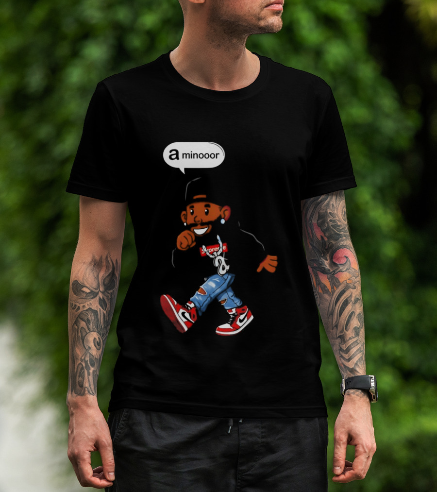 Kendrick Lamar Streetwear Cartoon Miniooor Red Sneakers Blue Jeans T-Shirt