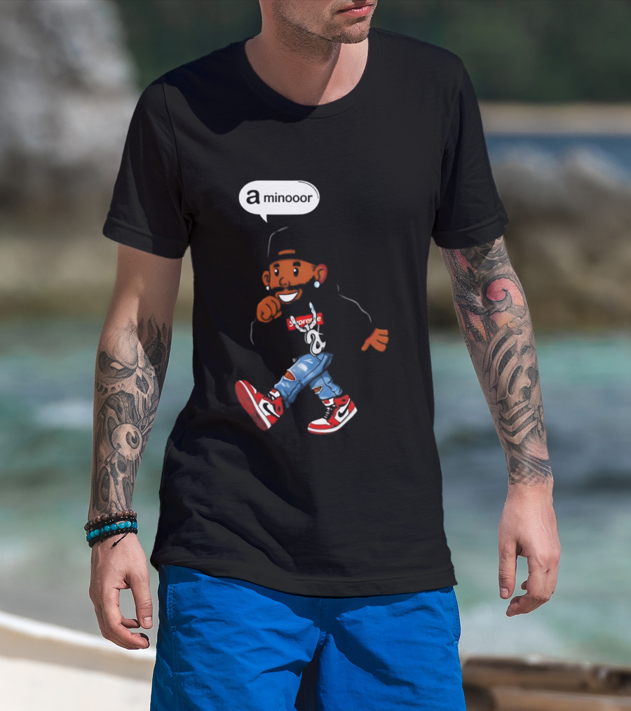 Kendrick Lamar Streetwear Cartoon Miniooor Red Sneakers Blue Jeans T-Shirt