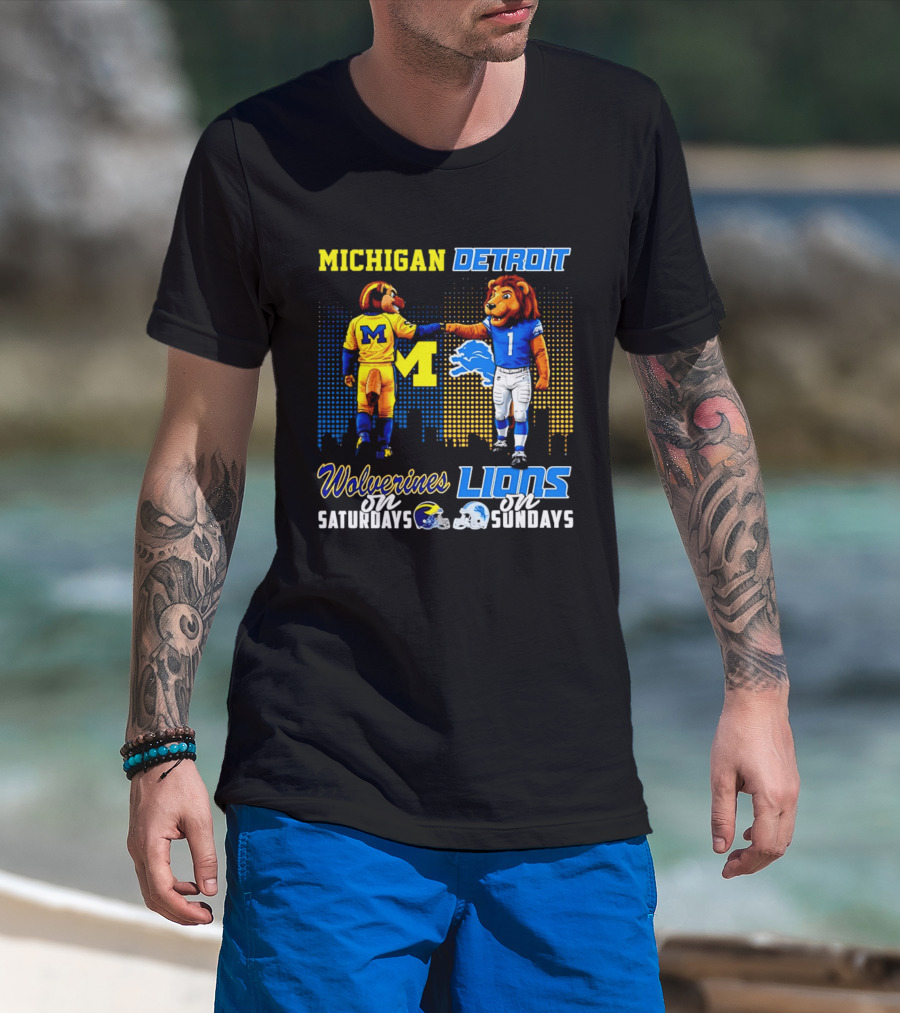 Michigan Wolverines Saturdays Detroit Lions Sundays Skyline T-Shirt
