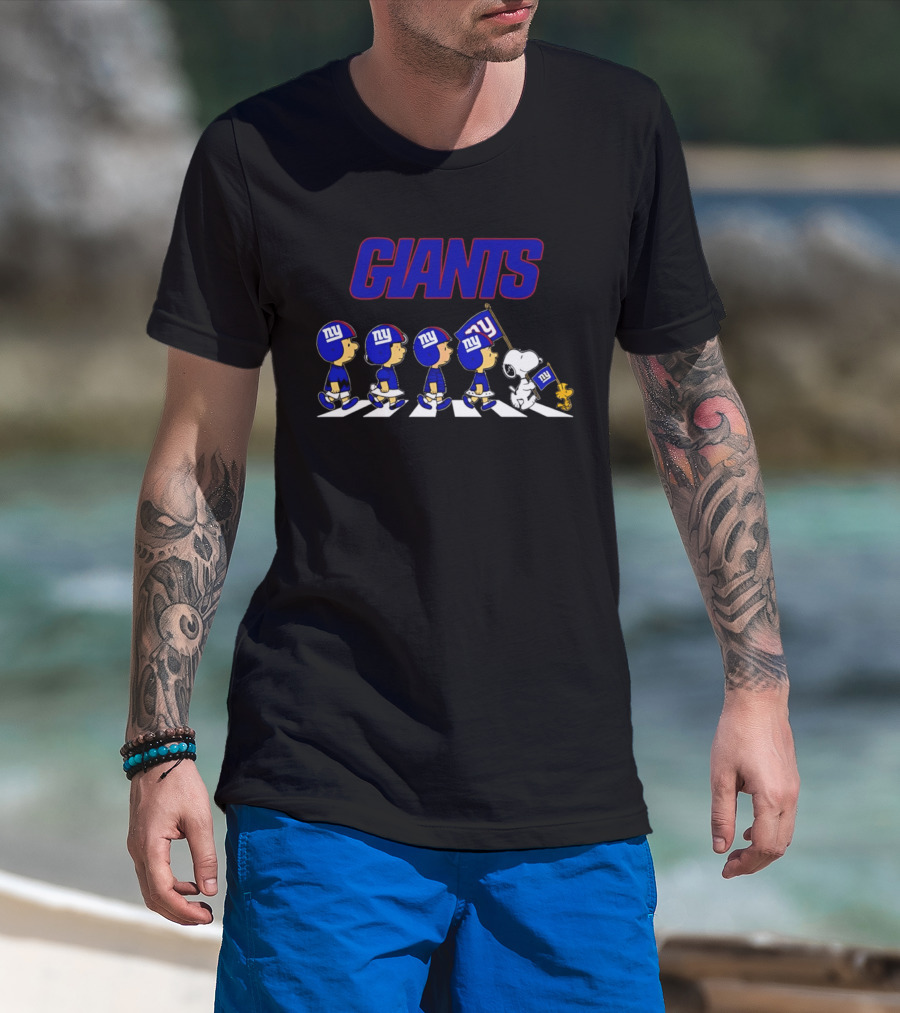 Peanuts Characters Walking With Giants Football Helmets And NY Flag T-Shirt