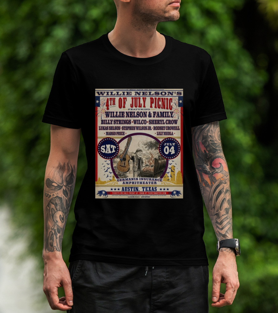 Willie Nelson's 4th Of July Picnic Willie Nelson & Family Billy Strings Wilco Sheryl Crow Austin Texas Germania Insurance Amphitheater July 4 2026 T-Shirt
