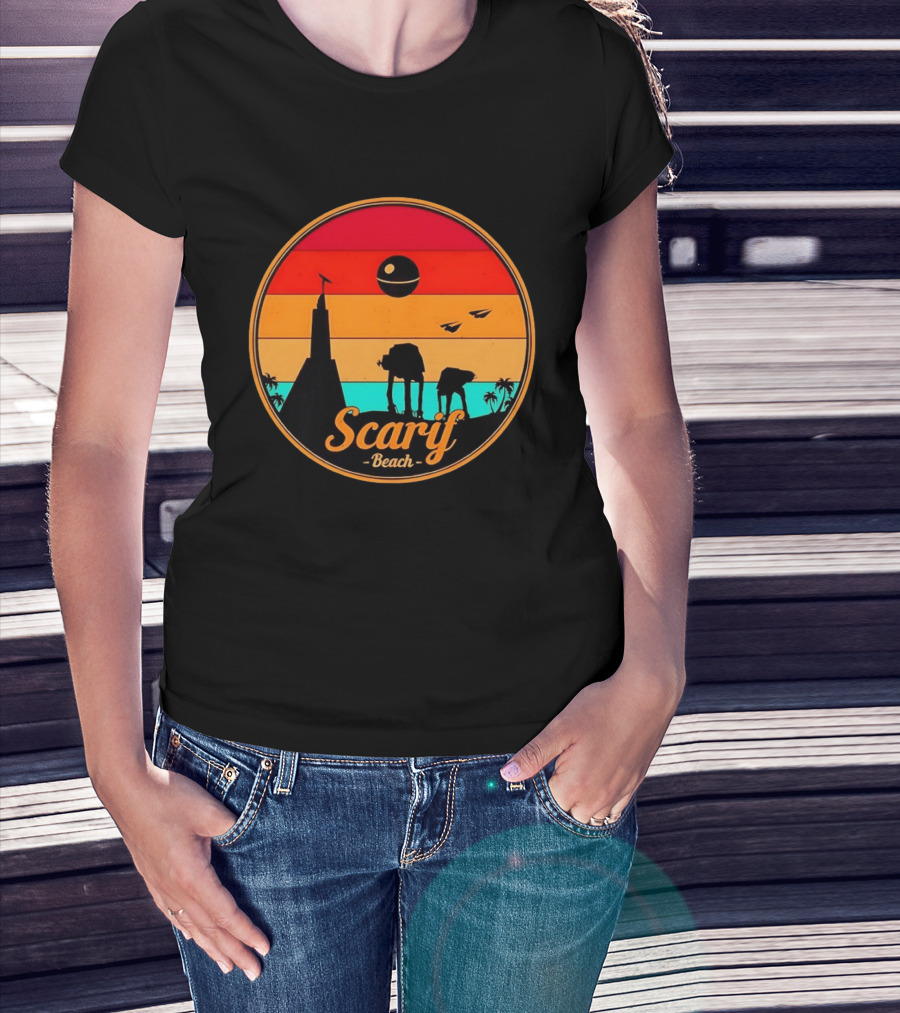 Scarif Beach Sunset With AT ACT Walkers And Death Star T-Shirt