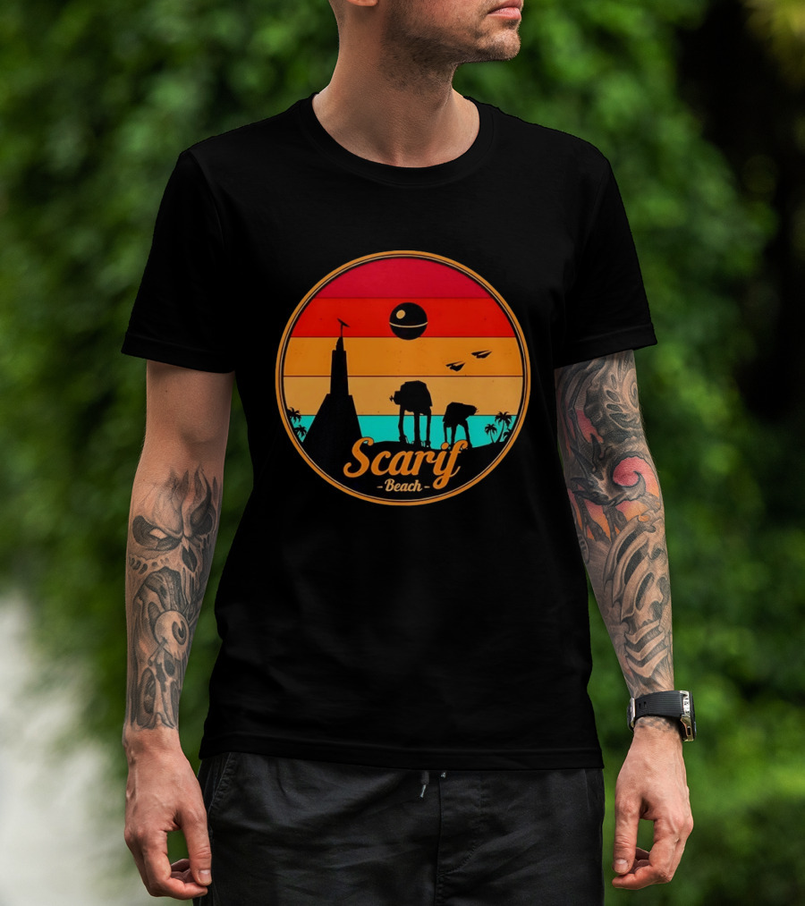 Scarif Beach Sunset With AT ACT Walkers And Death Star T-Shirt