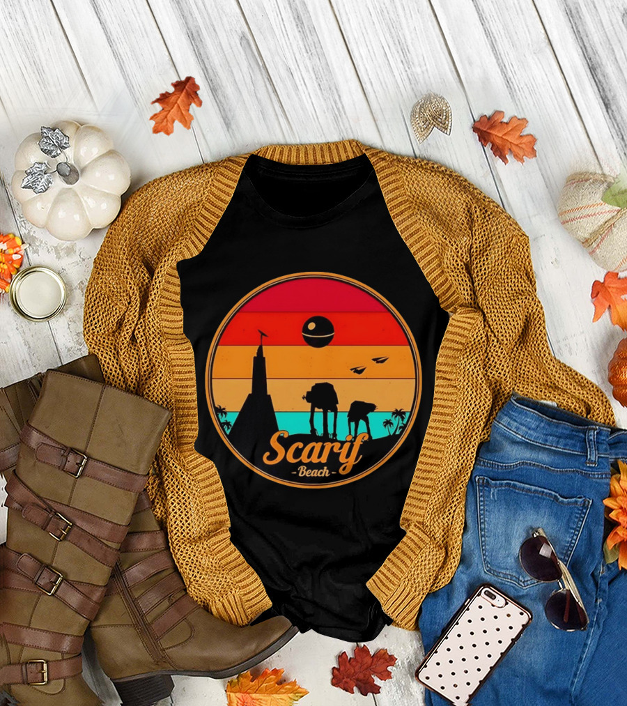 Scarif Beach Sunset with AT ACT Walkers and Death Star T-Shirt