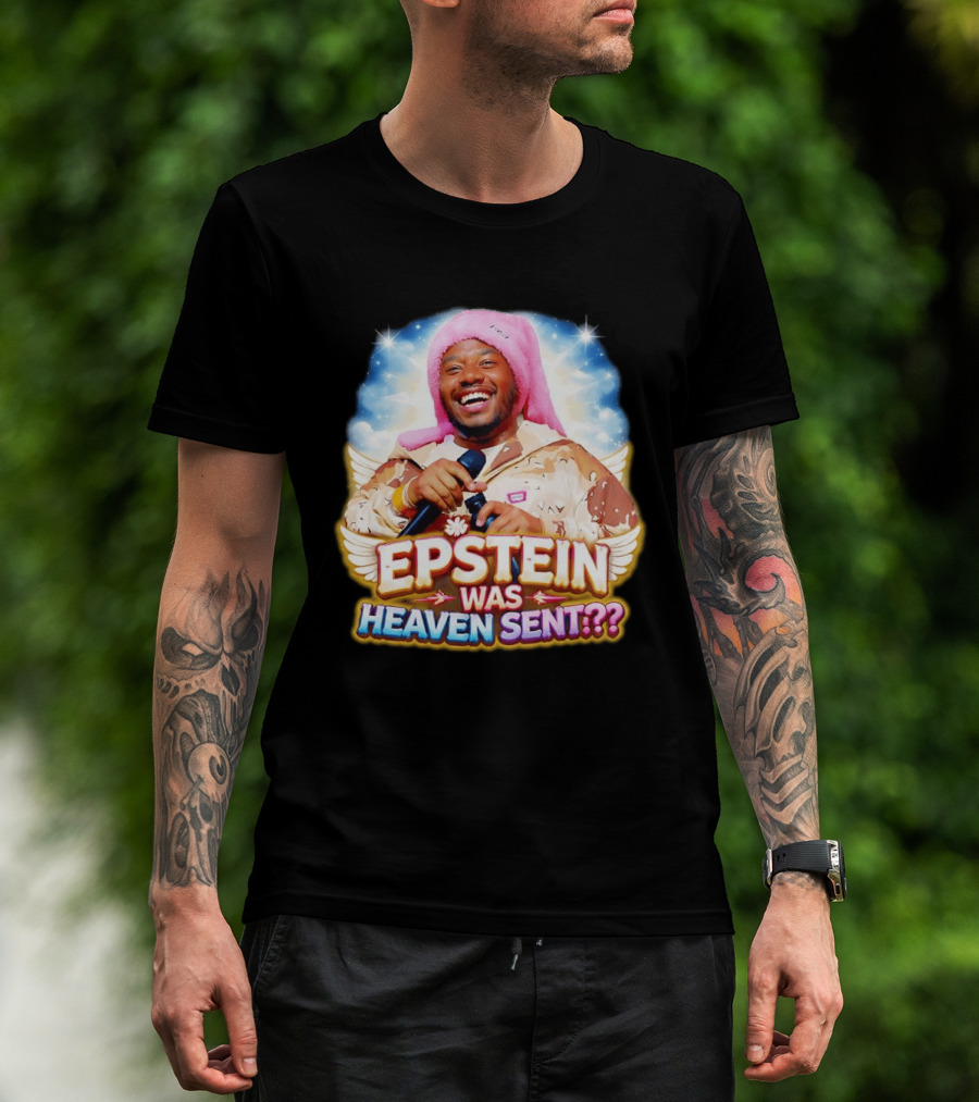 Epstein Was Heaven Sent Pink Hat Smiling Man With Microphone And Camouflage Jacket T-Shirt