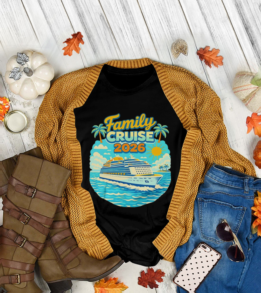 Family Cruise 2026 Vacation Matching Travel Trip Ship Ocean Palm Trees Sun T-Shirt