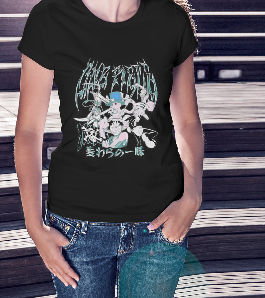 One Piece Group Chrome Luffy Zoro Nami Sanji Chopper Tony Tony Pirate Crew Manga Anime Style Kanji T-Shirt