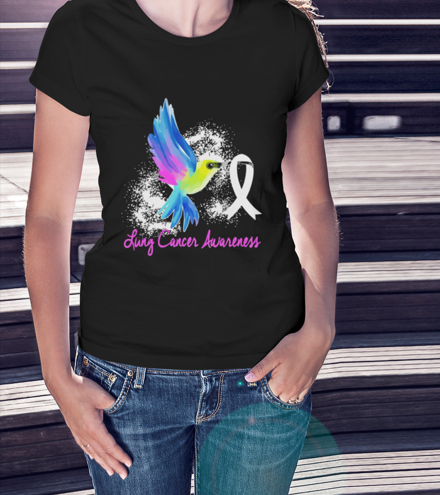 Lung Cancer Awareness Hummingbird With White Ribbon T-Shirt