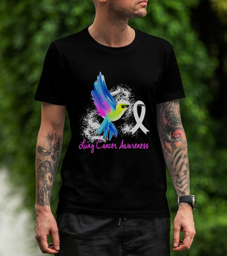 Lung Cancer Awareness Hummingbird With White Ribbon T-Shirt