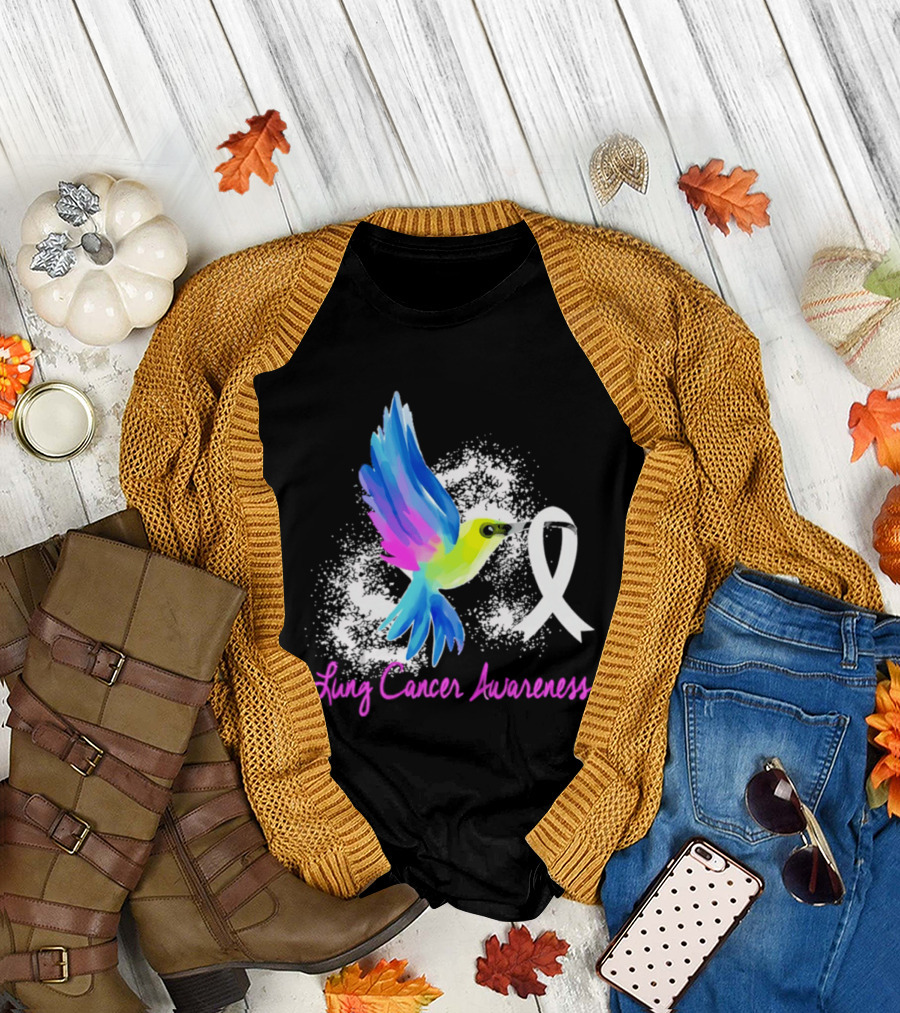 Lung Cancer Awareness Hummingbird with White Ribbon T-Shirt