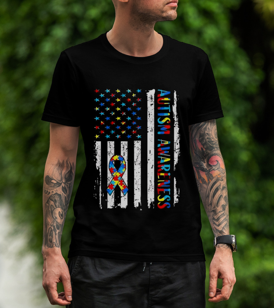 USA Flag Autism Awareness Ribbon Puzzle Pieces T-Shirt