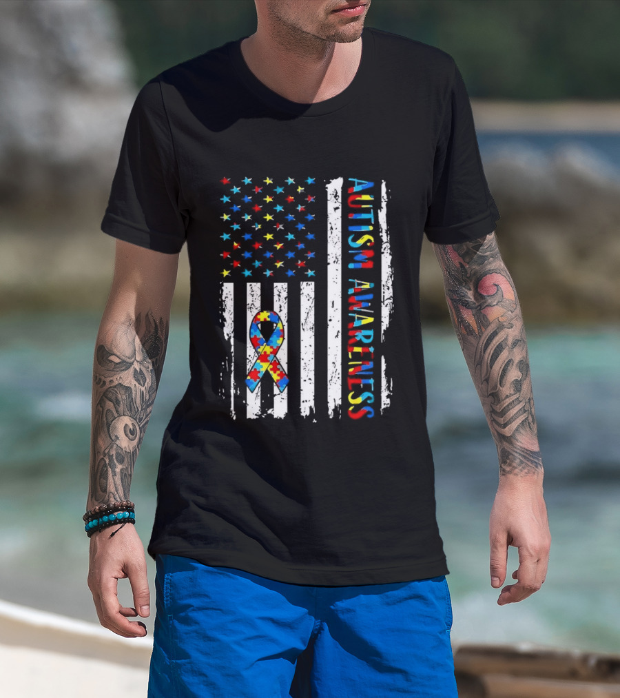 USA Flag Autism Awareness Ribbon Puzzle Pieces T-Shirt