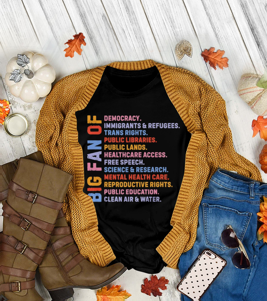 Big Fan of Democracy Immigrants Refugees Trans Rights Unions Public Libraries Healthcare Mental Health Reproductive Rights Education Clean Air Water T-Shirt