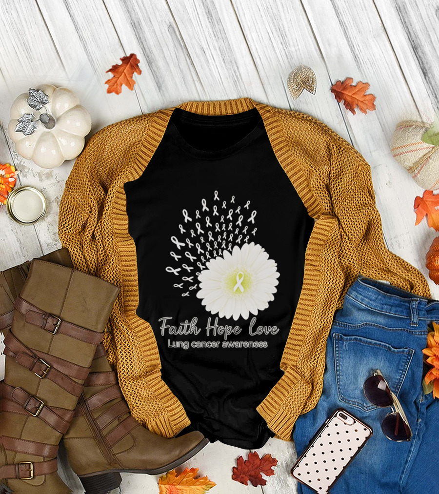 Faith Hope Love White Daisies and Ribbons Lung Cancer Awareness T-Shirt