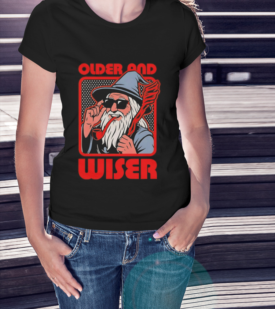 Older And Wiser Wizard Smoking Pipe In Sunglasses Wise Pop T-Shirt