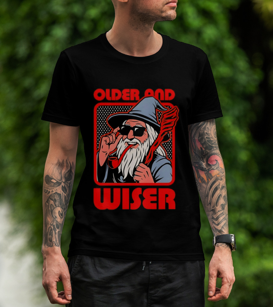 Older And Wiser Wizard Smoking Pipe In Sunglasses Wise Pop T-Shirt
