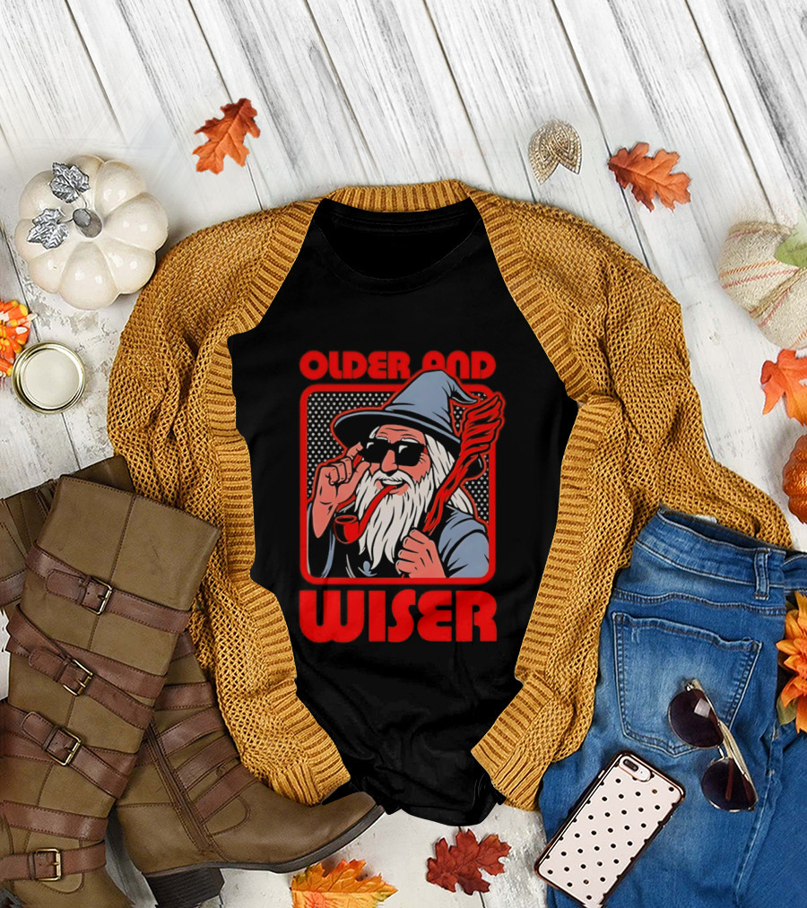 Older and Wiser Wizard Smoking Pipe in Sunglasses Wise Pop T-Shirt