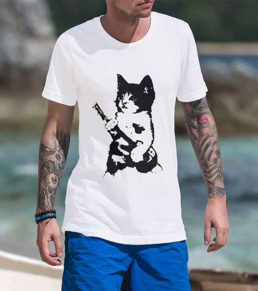 Rockstar Kitten Cat Playing Guitar Feline Musician T-Shirt