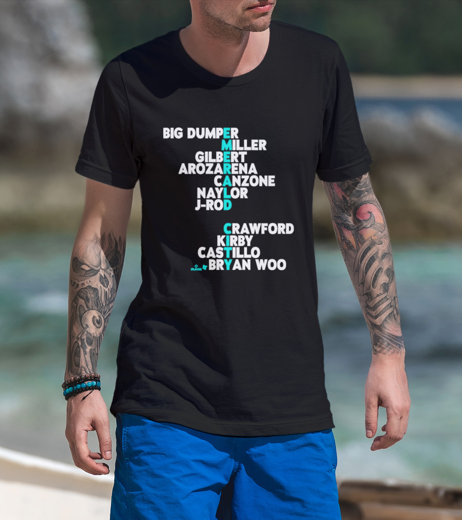 Seattle Baseball Names 2026 Big Dumper Kelenic Gilbert Arozarena Canzone Naylor J Rod Crawford Kirby Castillo Bryan Woo T-Shirt
