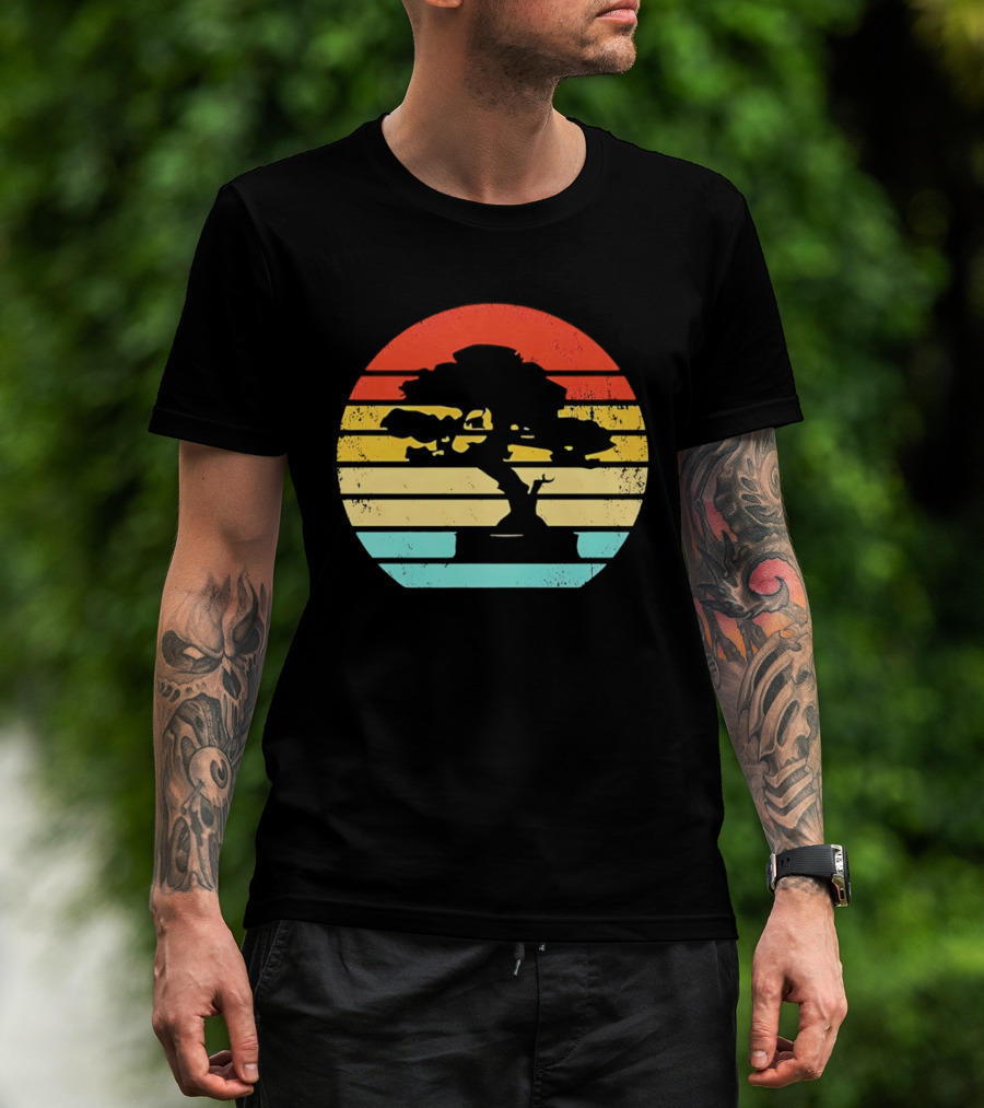 Bonsai Tree Silhouette Japan Retro Sunset T-Shirt