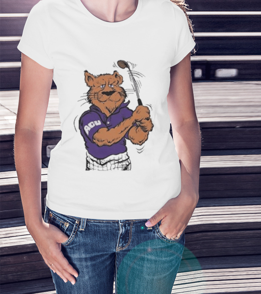 ACU Golf Puma In Purple Polo Swinging A Club T-Shirt