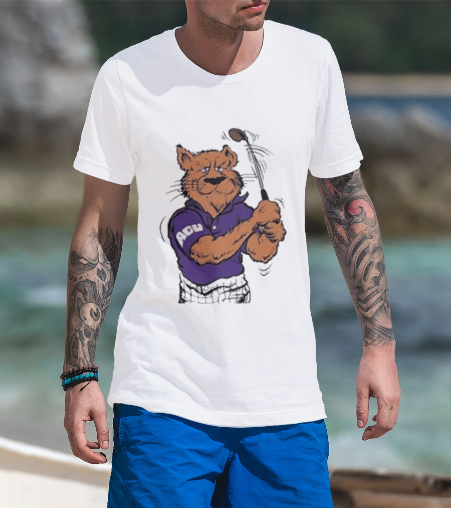 ACU Golf Puma In Purple Polo Swinging A Club T-Shirt