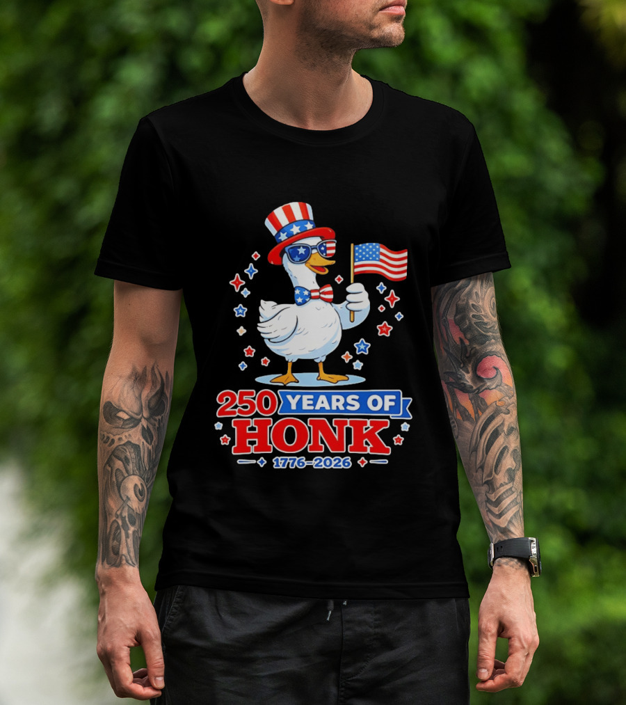 Patriotic Goose Holding US Flag 250 Years Of Honk 1776 2026 T-Shirt