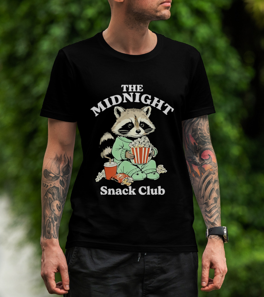 The Midnight Snack Club Raccoon Eating Butter Popcorn Pajamas T-Shirt