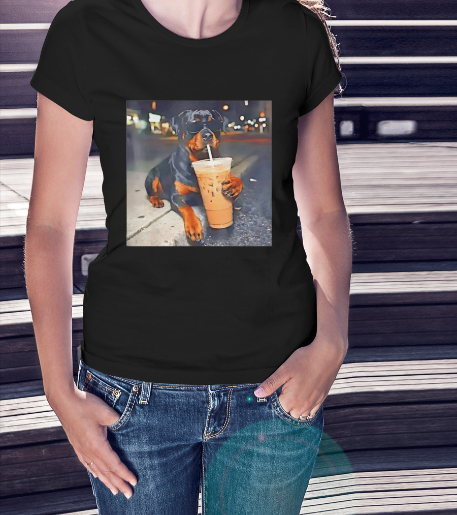 Rottweiler Drinking Iced Coffee Wearing Sunglasses Funny Dog T-Shirt