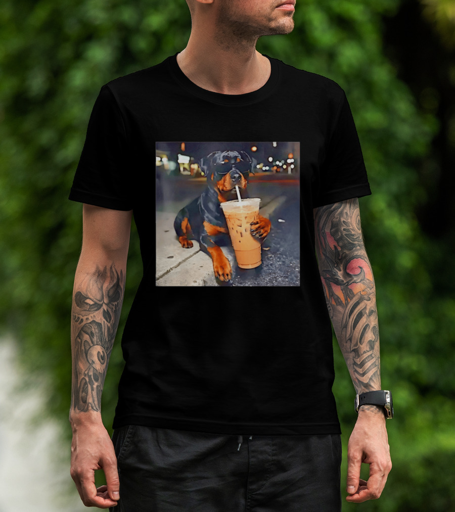 Rottweiler Drinking Iced Coffee Wearing Sunglasses Funny Dog T-Shirt
