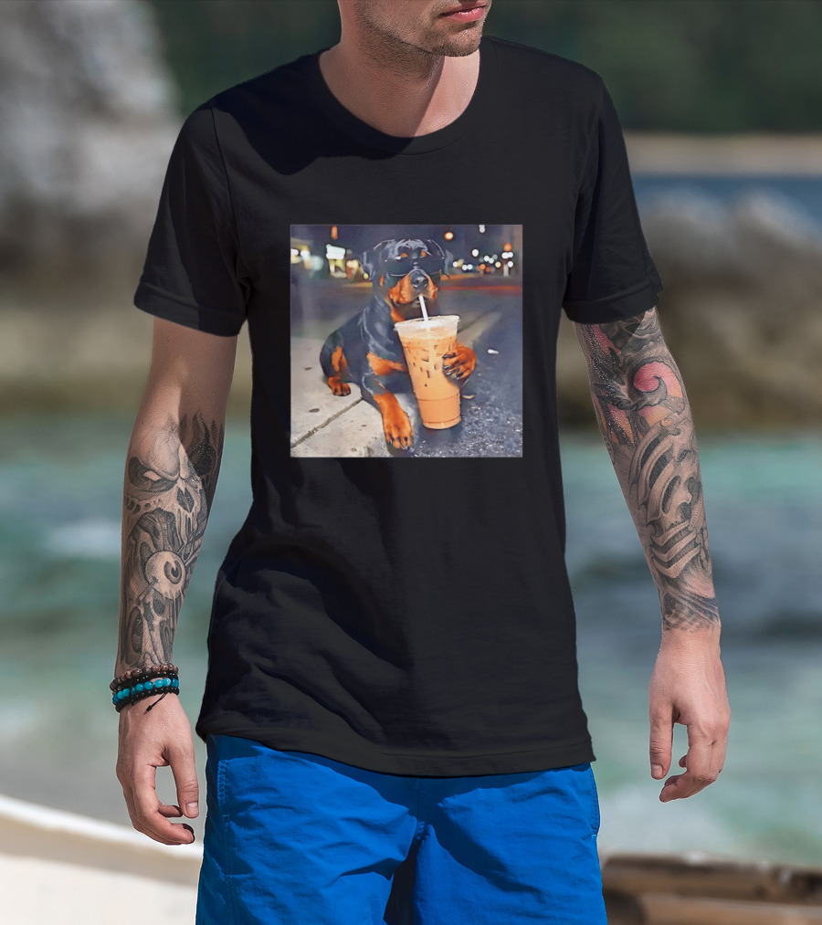 Rottweiler Drinking Iced Coffee Wearing Sunglasses Funny Dog T-Shirt