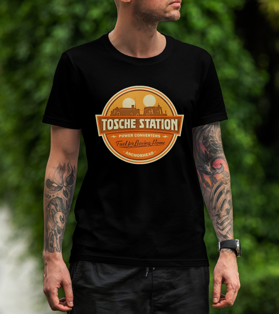 Tosche Station Power Converters Fuel For Leaving Home Anchorhead Twin Suns Desert Scene T-Shirt
