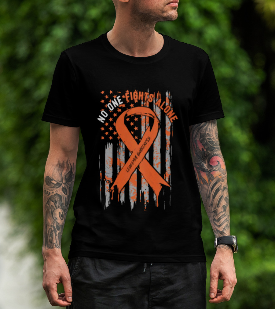 No One Fights Alone Leukemia Awareness Orange Ribbon American Flag T-Shirt