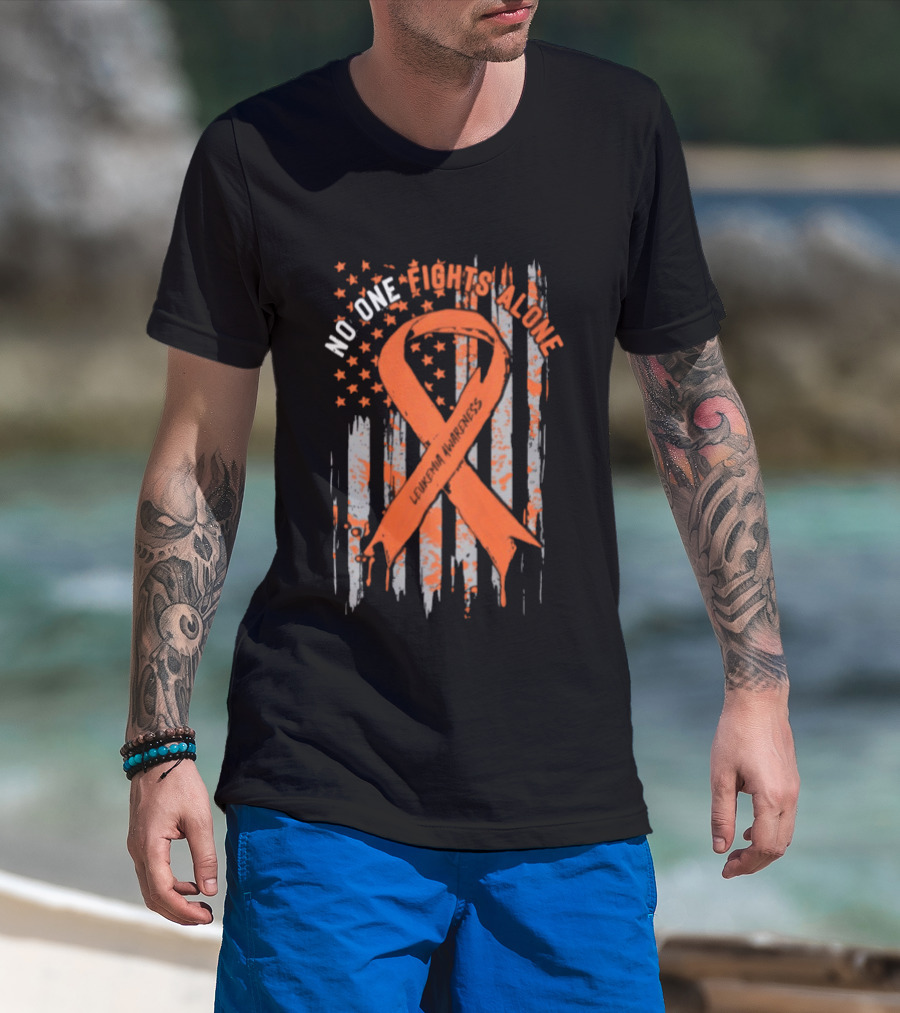 No One Fights Alone Leukemia Awareness Orange Ribbon American Flag T-Shirt