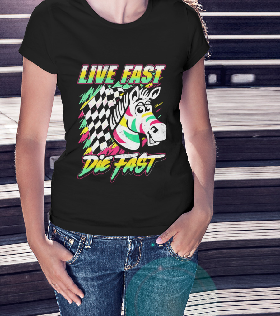 Zebra Checkered Flag Live Fast Die Fast Retro Neon T-Shirt