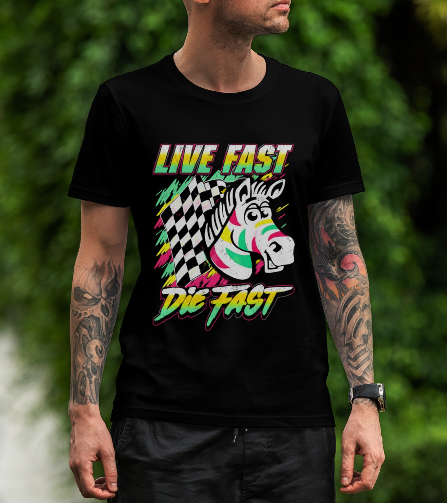 Zebra Checkered Flag Live Fast Die Fast Retro Neon T-Shirt