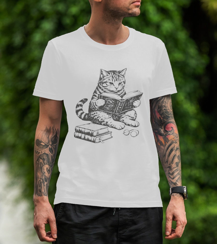 Tabby Cat Sitting And Reading Book With Stacked Books Beneath T-Shirt