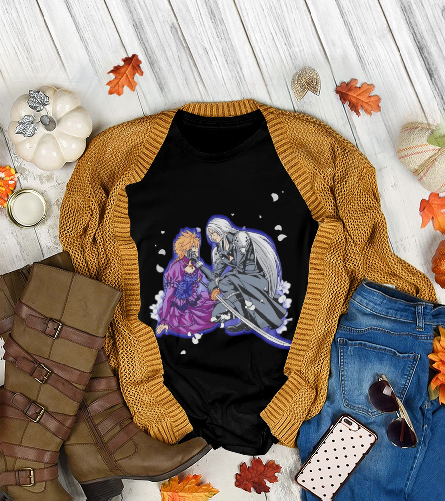Aerith and Sephiroth Enemy Love Final Fantasy Iconic Characters in Romantic Conflict T-Shirt