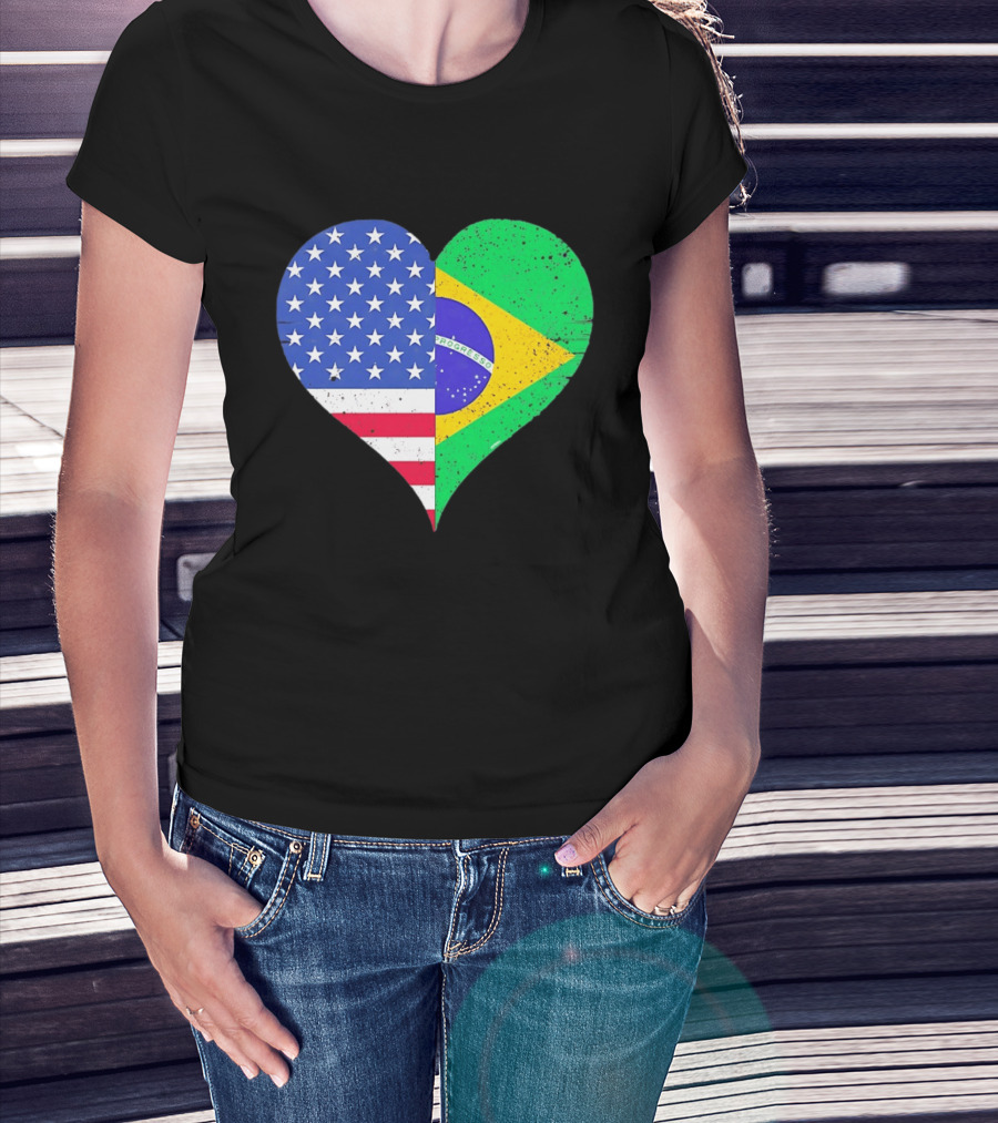 Brazilian And American Heart Flags Unity T-Shirt