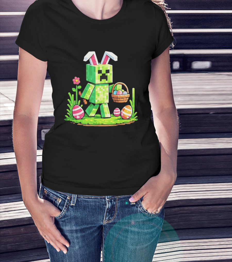Creeper Rabbit Ears Easter Egg Hunt Gamer Pixel T-Shirt