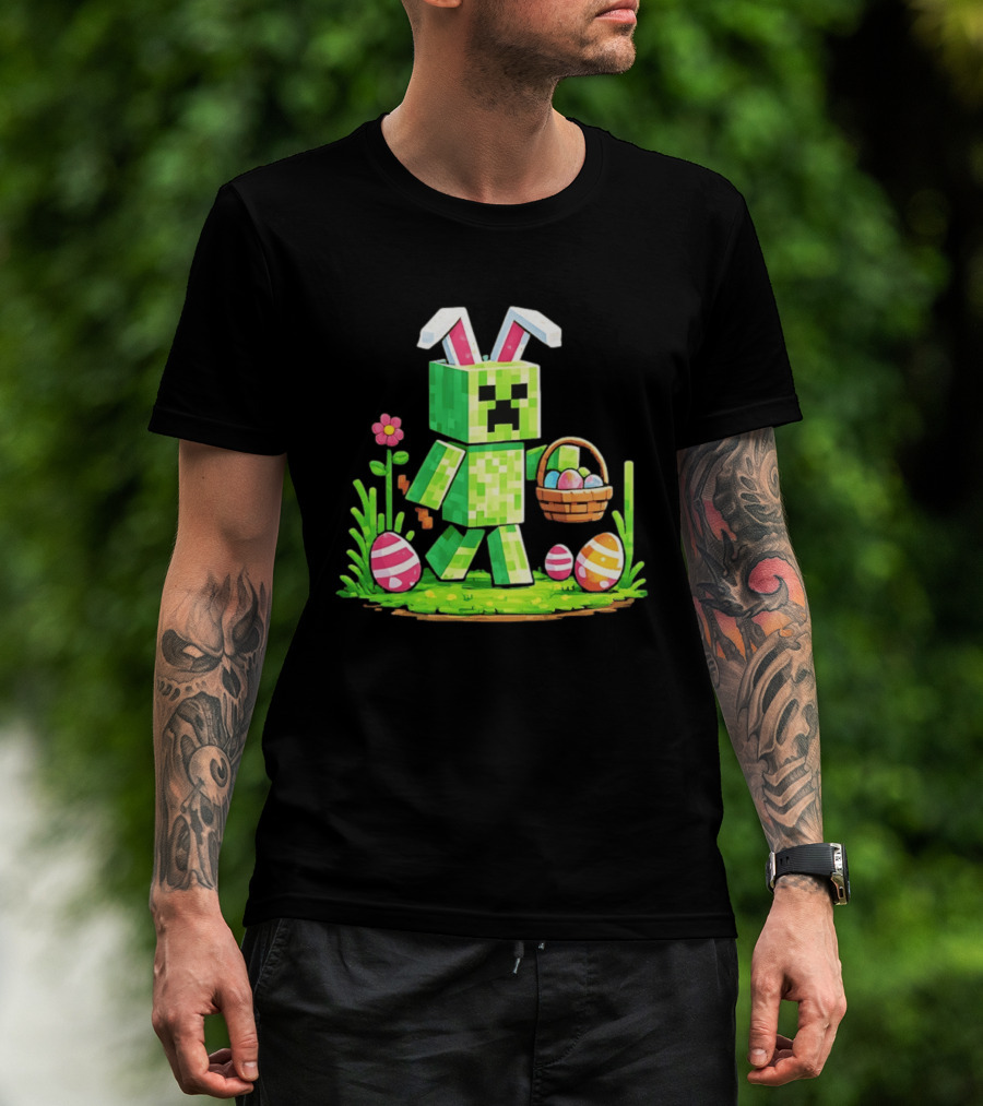 Creeper Rabbit Ears Easter Egg Hunt Gamer Pixel T-Shirt