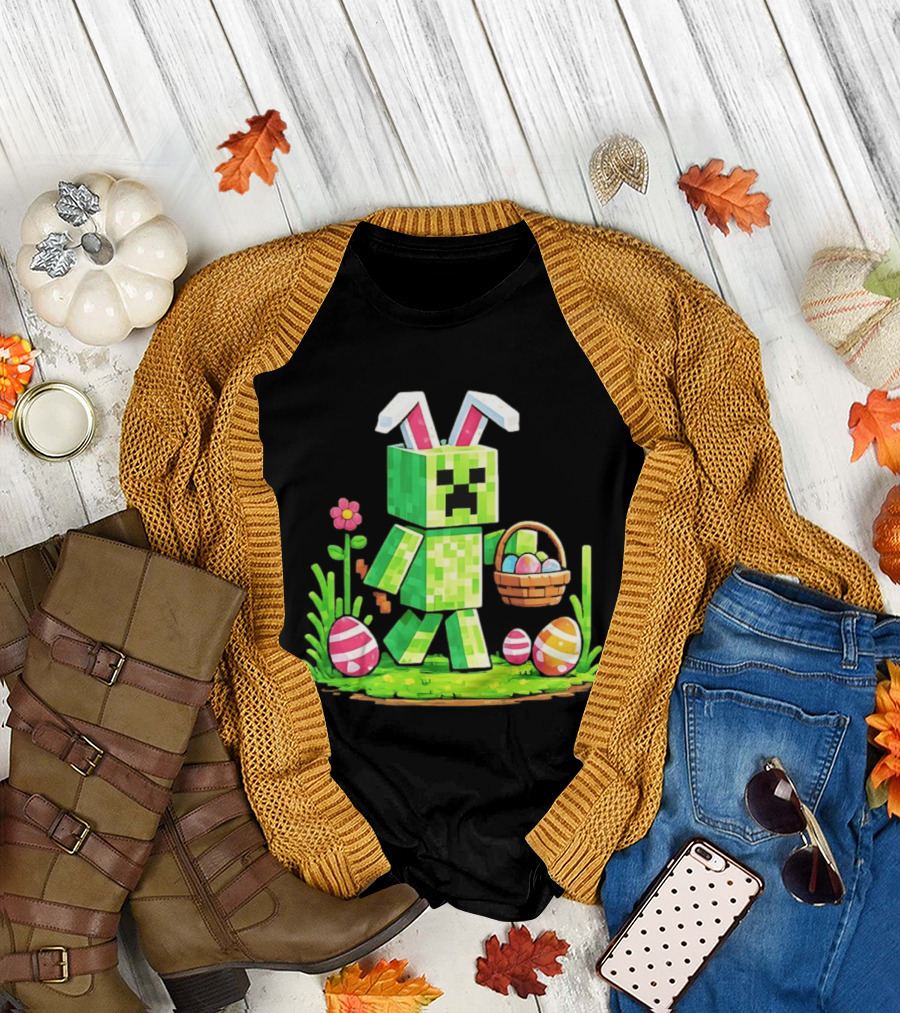 Creeper Rabbit Ears Easter Egg Hunt Gamer Pixel T-Shirt