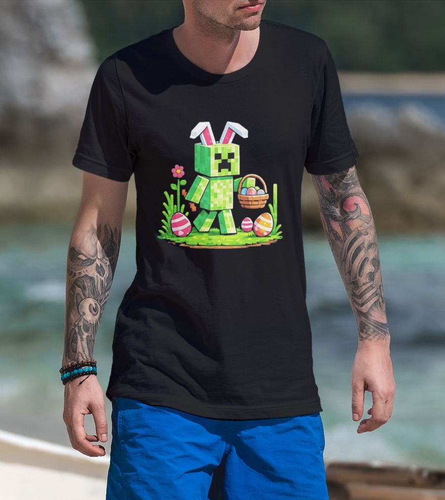 Creeper Rabbit Ears Easter Egg Hunt Gamer Pixel T-Shirt