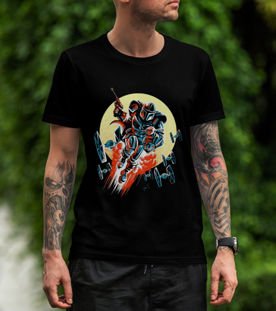 Din Djarin Grogu TIE Fighters Mandalorian Jetpack Adventure T-Shirt